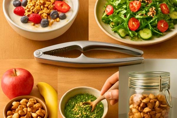 montage montrant plusieurs aliments sains avec noix salade fruits et un casse noix
