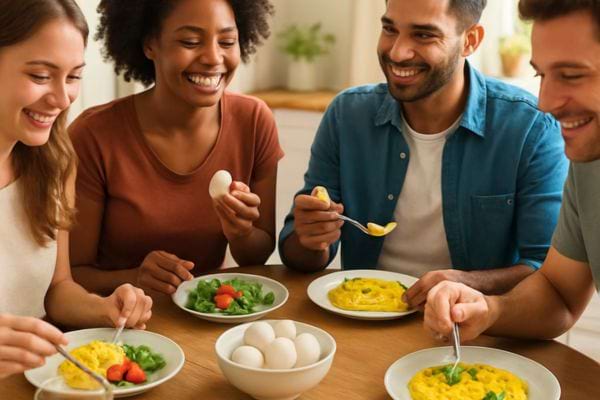 quatre amis rient autour dune table en partageant des omelettes et des oeufs