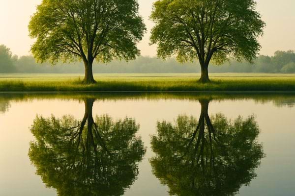 deux arbres alignes se refletent parfaitement dans un lac calme