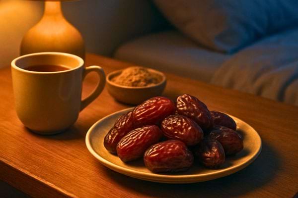 une assiette remplie de dattes est posee pres dune tasse de the sur une table en bois
