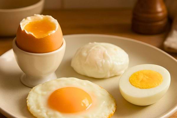 une assiette presente un oeuf a la coque un oeuf poele et un oeuf dur coupe