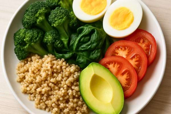 une assiette avec quinoa brocoli avocat tomates et oeufs pour un repas sain