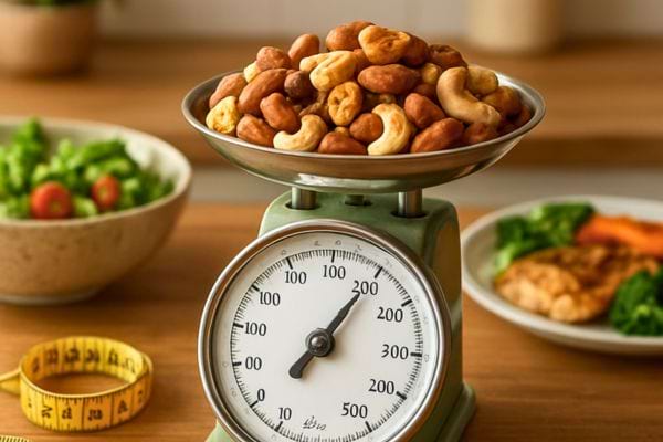 des fruits secs poses sur une balance de cuisine avec des plats sains en arriere plan