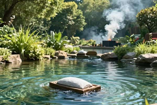 un bassin dans un jardin avec de la fumee visible en arriere plan