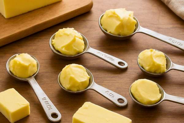 plusieurs cuilleres doseuses remplies de beurre posees sur une table en bois