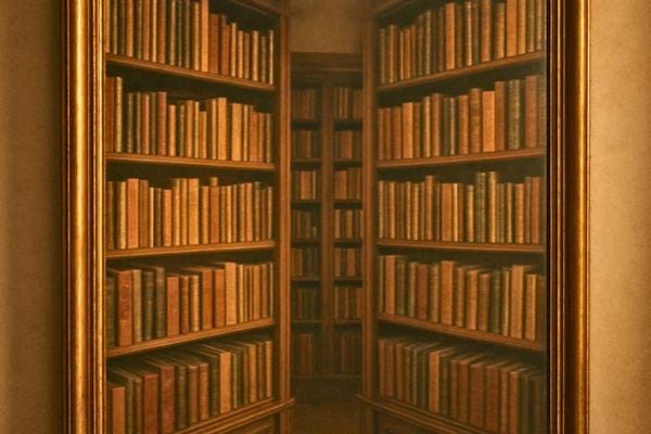 une grande bibliotheque avec des etageres remplies de livres anciens