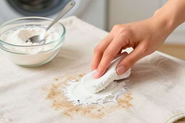 une eponge frotte une tache avec du bicarbonate sur un tissu