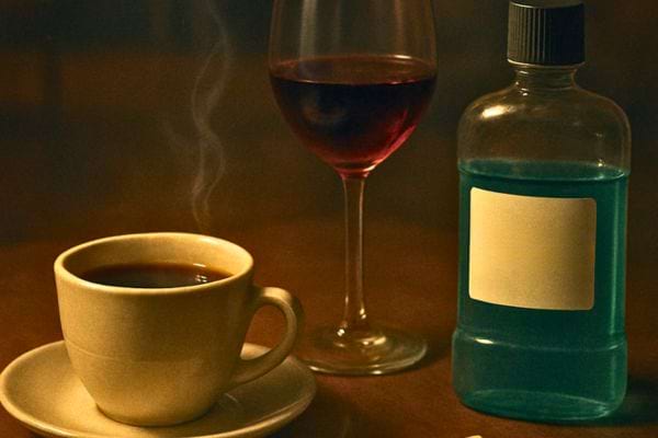 une tasse de cafe un verre de vin et un flacon de liquide