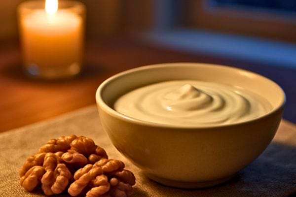 un bol de creme ou yaourt pose pres de noix sur une table