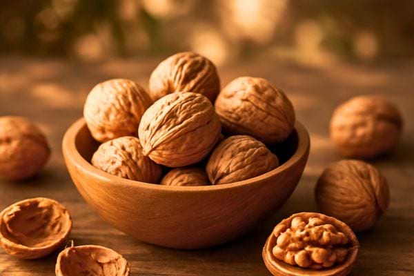 un bol rempli de noix entieres pose sur une table en bois