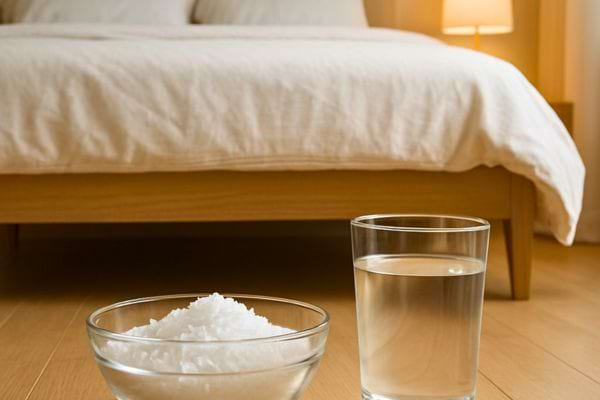 un bol de sel et un verre deau poses devant un lit