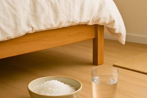 un bol rempli de sel et un verre deau places pres du lit