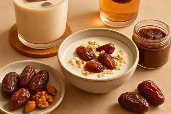 un bol de yaourt garni de dattes et de noix est entoure de boissons et dun pot