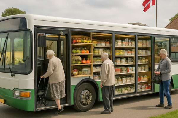 des personnes agees montent dans un bus epicerie mobile pour faire leurs courses