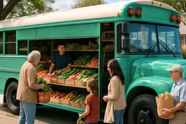 un bus vert sert de marche avec des clients qui achetent des produits frais