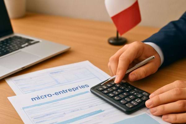 une personne utilise une calculatrice sur un document de micro entreprise