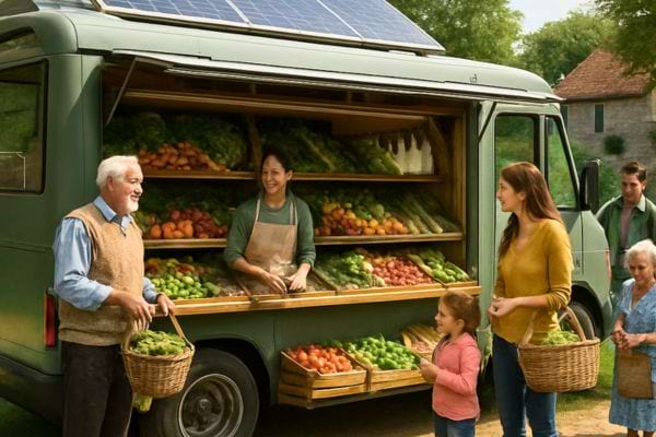 une famille achete des fruits et legumes a un camion marche ambulant
