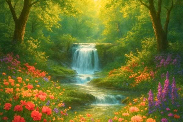 une cascade coule au coeur dune foret lumineuse entouree de fleurs colorees et dune vegetation dense