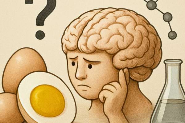 un dessin montre un cerveau pensif face a un oeuf avec des symboles scientifiques
