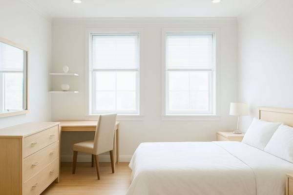 une chambre lumineuse avec lit bureau et commode bien ranges