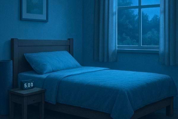 un lit vide dans une chambre sombre avec un reveil indiquant six heures