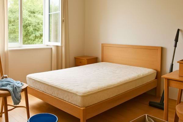 une chambre simple avec lit sans draps ouverte pour le nettoyage