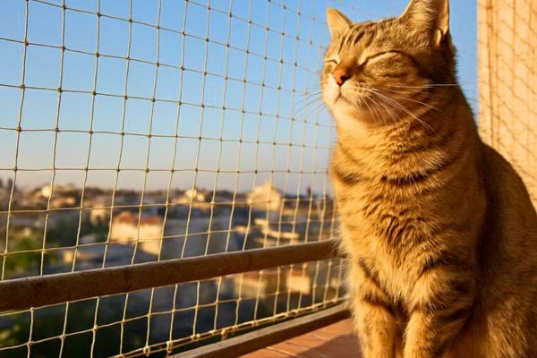 un chat tigr&eacute; assis sur un balcon prot&eacute;g&eacute; par un filet regarde la ville