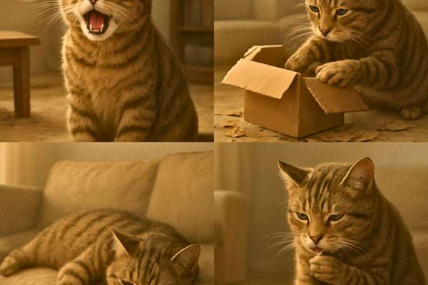 plusieurs scenes montrent un chat jouant avec une boite et se reposant