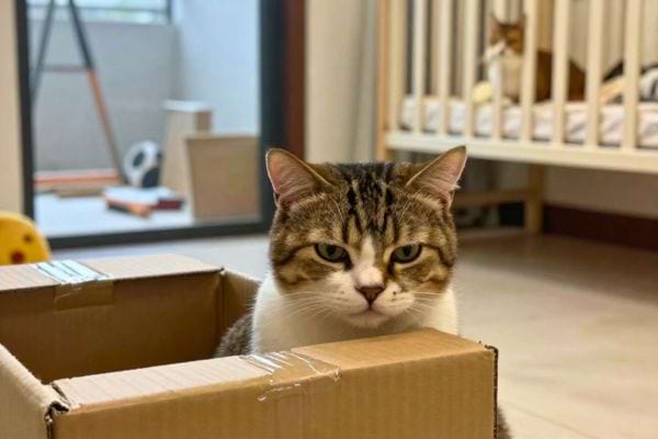 un chat regarde depuis une boite dans une piece de la maison 