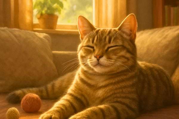 un chat tigr&eacute; allong&eacute; sur un canap&eacute; pres d&rsquo;une balle semble detendu