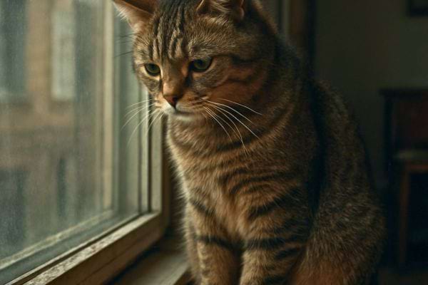 un chat tigr&eacute; assis pres d&rsquo;une fenetre regarde dehors avec un air pensif