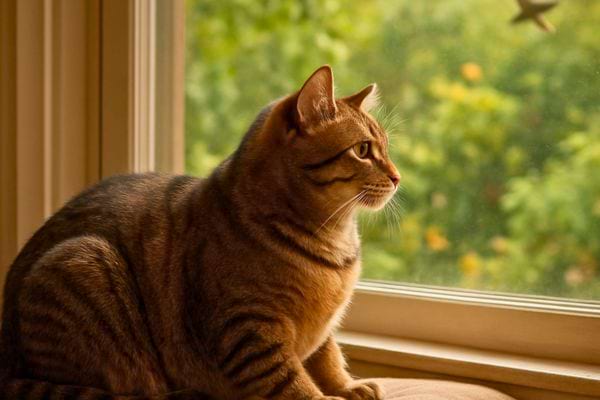 un chat tigr&eacute; assis pres d&rsquo;une fenetre observe le jardin