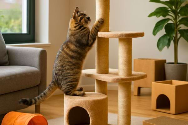 un chat grimpe et fait ses griffes sur un arbre a chat dans un salon