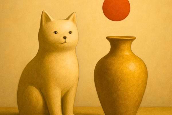 une illustration dun chat a cote dun vase sous un cercle rouge