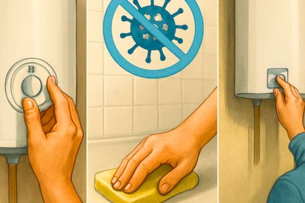 une personne regle et nettoie un chauffe eau avec une eponge pour lentretien