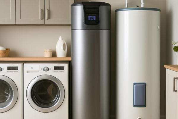 un chauffe eau moderne est installe a cote de machines a laver dans une buanderie