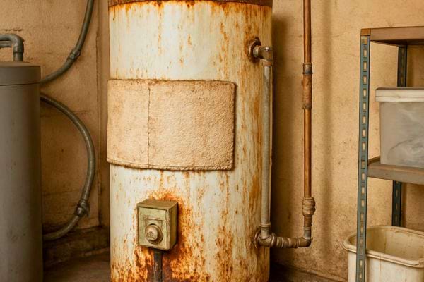 un ancien chauffe eau montre des traces de rouille dans une piece technique