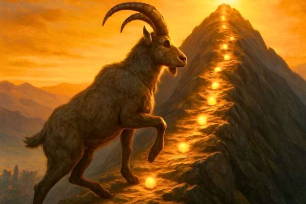 une chevre grimpe une montagne illuminee par une ligne de lumieres