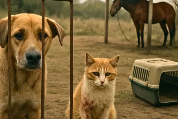 un chien et un chat se tiennent pres de barreaux avec une cage de transport a cote