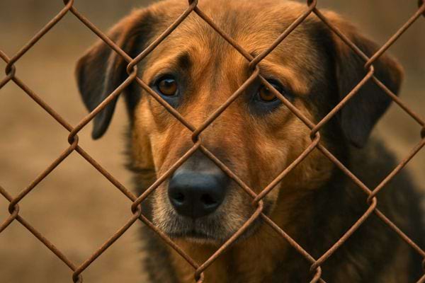 un chien regarde a travers un grillage avec une expression triste