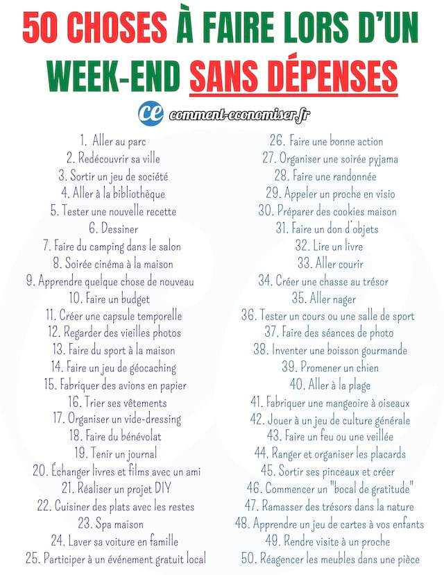 liste de choses &agrave; faire lors d'un week-end sans d&eacute;penses