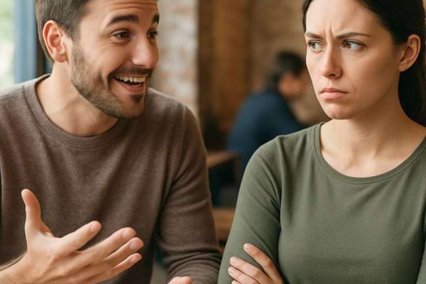 un homme parle avec enthousiasme tandis quune femme le regarde avec une expression sceptique