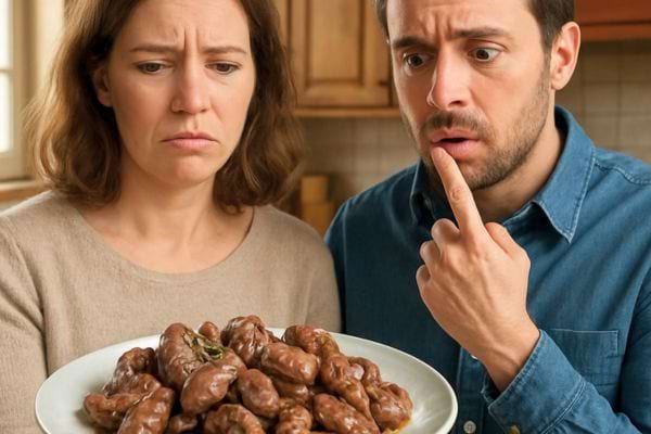 un homme et une femme regardent un plat de rognons avec hesitation