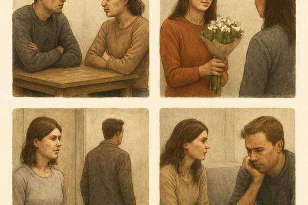 illustrations montrant plusieurs scenes de couple entre conflit reconciliation et discussion