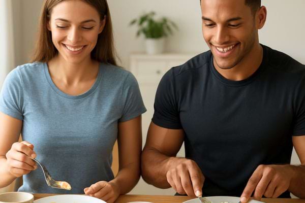 un homme et une femme sourient en mangeant un repas a base doeufs