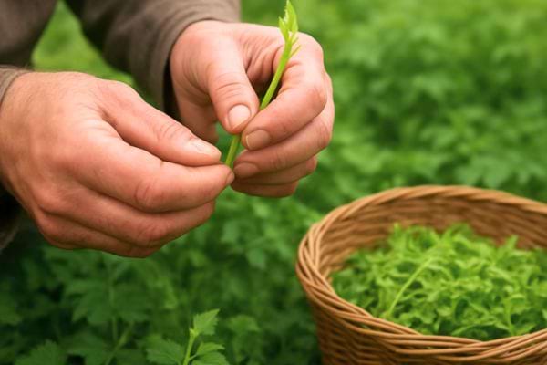 des mains cueillent de jeunes feuilles vertes pres dun panier en osier