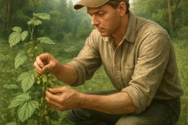 un homme cueille une plante sauvage verte dans un environnement naturel