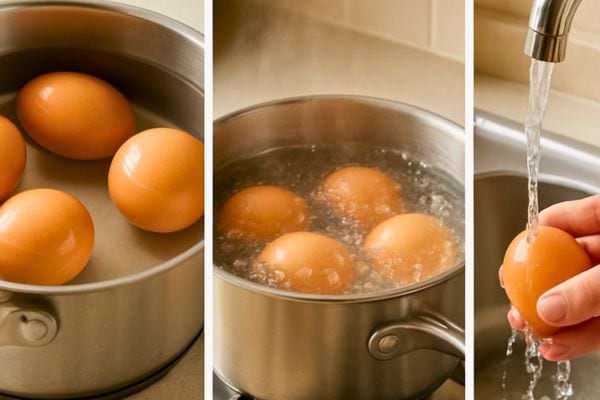 etapes de cuisson des oeufs dans une casserole puis rincage sous leau