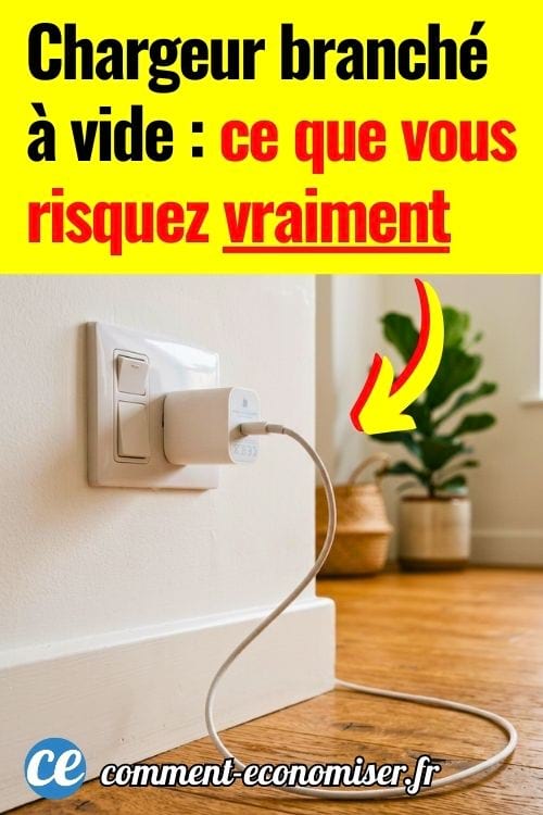Chargeur blanc branch&eacute; sur une prise murale avec c&acirc;ble pos&eacute; sur un parquet dans un salon lumineux.