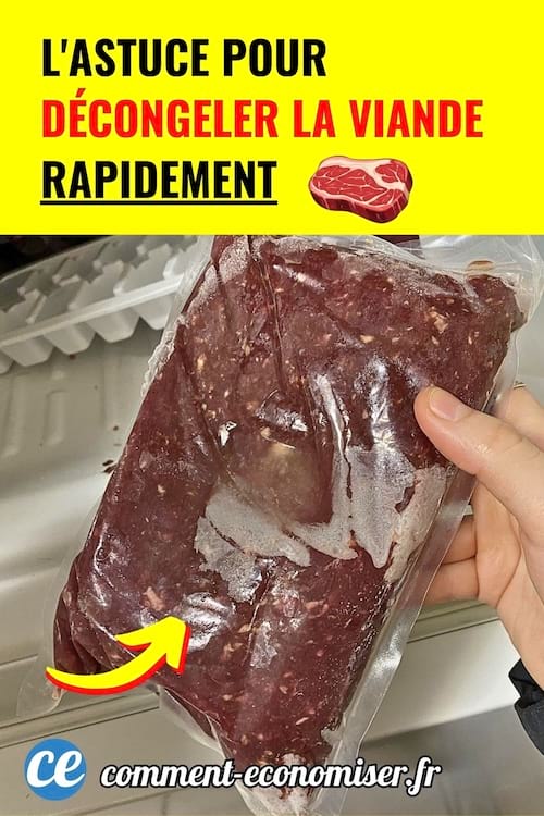 Main tenant un sachet de viande congelee dans un congelateur pour montrer comment la decongeler rapidement.
